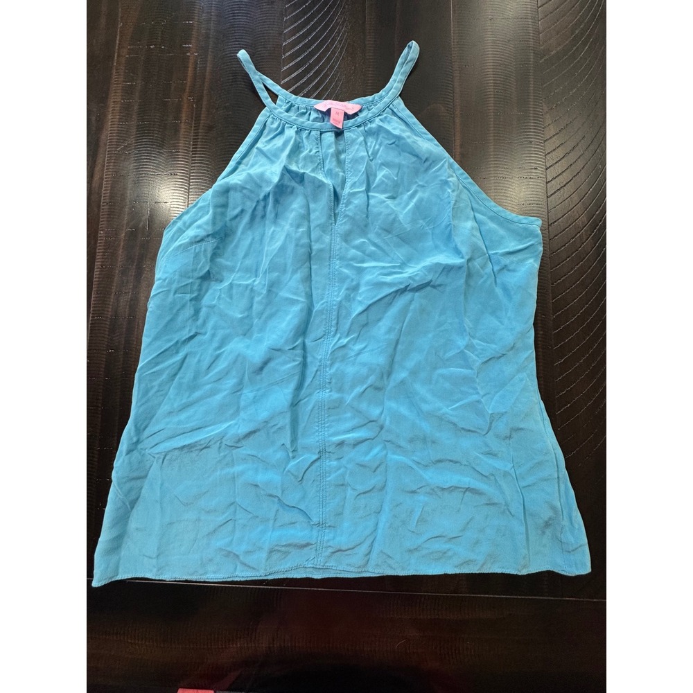 Lilly Pulitzer Blue 100% Silk Halter Top Keyhole Neck Sleeveless Blouse Medium